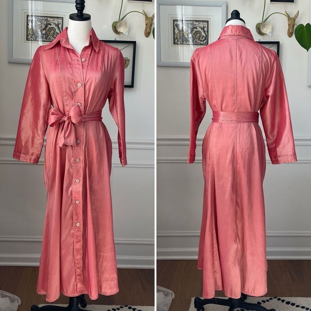 Isabel Riera Handmade Salmon Pink Iridescent Shirt Dress Midi $550 M
